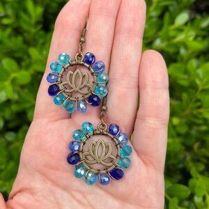 Blue earrings bronze glass crystal Circle rings lotus flower boho earrings hoops